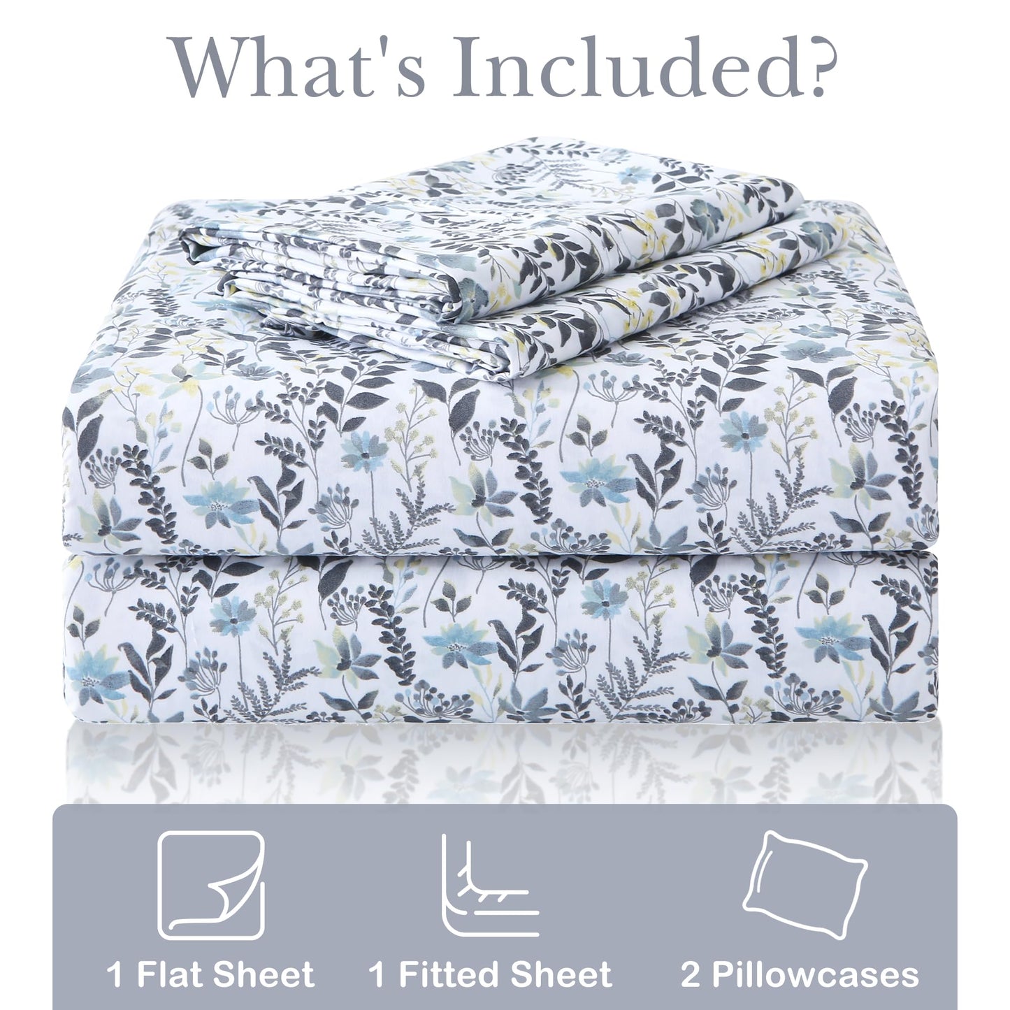 Mooreeke Cozy Vintage Microfiber Printed King Sheet Set - Soft Breathable Percale Cotton Floral Bed Sheets with Deep Pocket - Non-Slip Fitted Design - Yellow Blue Gray Gradient Flowers Pattern