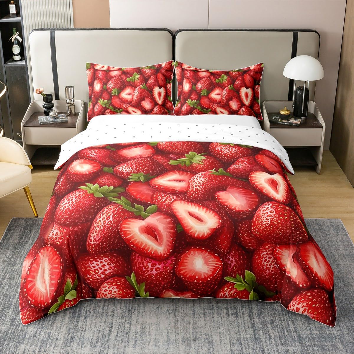 Manfei Cute Strawberry 100% Cotton Duvet Cover Set Twin Size, Kawaii Fruits Bedding Set 2pcs, Red Strawberries Print Quilt Cover, Kids Girls Teens Room Decor, 1 Pillowcase,No Comforter