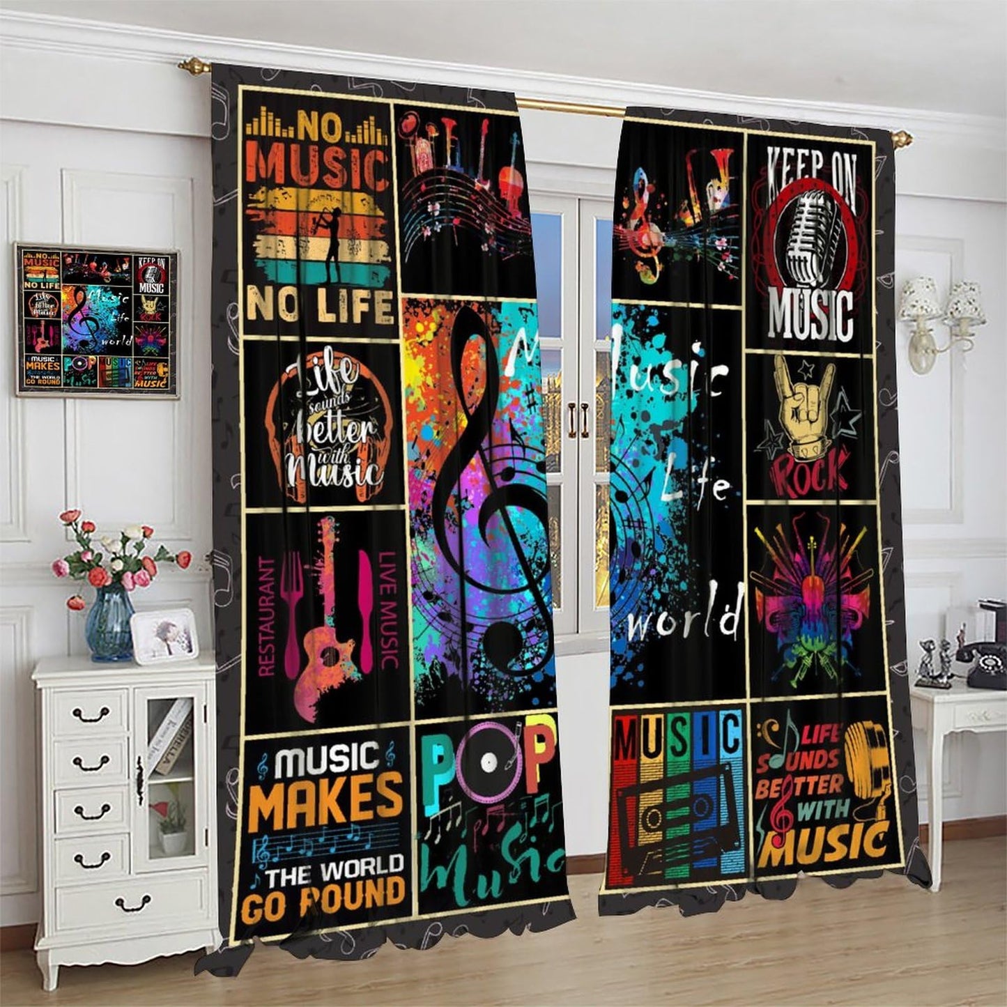 Music Note Curtains for Music Lovers,Rock and Roll Adults Kids Music Themed Art Window Treatments for Bedroom Living Room Musical Room Décor Drapes 2 Panels,Total Size 42" W x 45" H