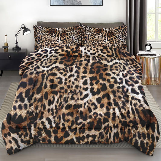 Pamnest Comforter Set Queen Size, Leopard Cheetah Animal Retro Soft 3 Pcs Bedding for Kids and Adults, African Cat Comforter Set with 2 Pillowcases, for Bedroom Bed Decor