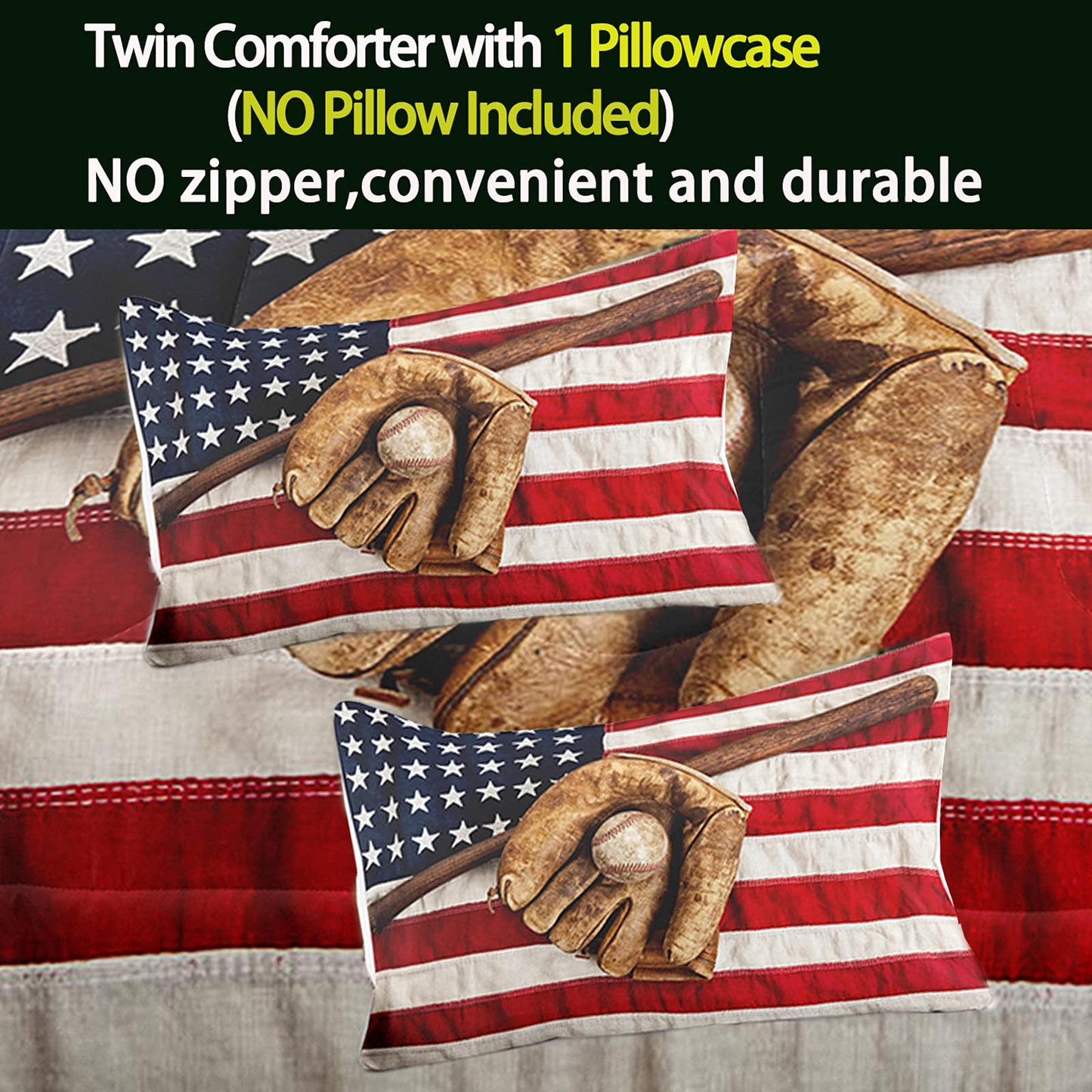 Bodhi Boys Sports Bedding Set - Queen Size, Baseball & American Flag Comforter Set with Pillowcases