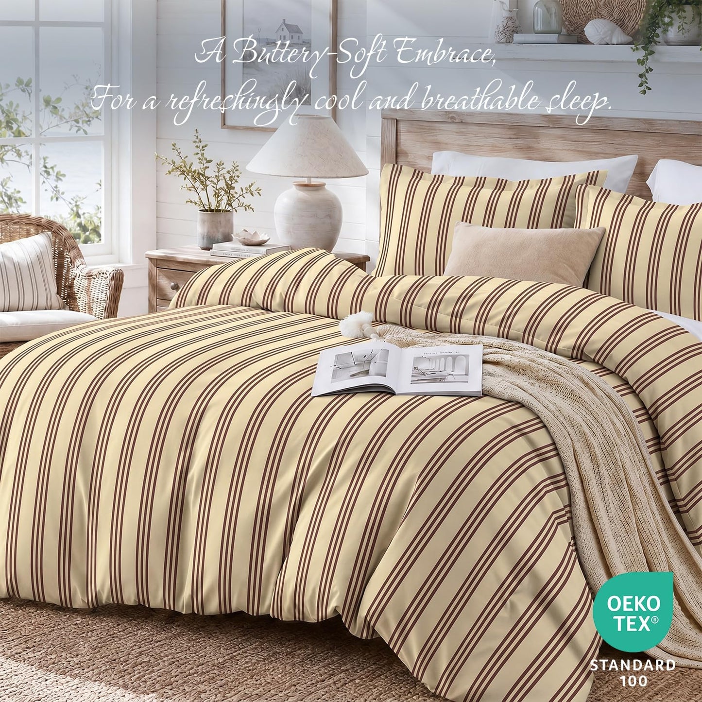 JOLLYVOGUE Striped Duvet Cover Queen, Yellow Duvet Cover with Red Stripes