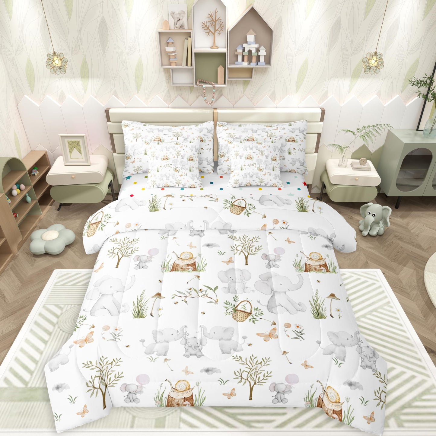 Erosebridal Kids Elephant Twin 7 Piece Comforter Set for Boys Girls Nursery Cute Cartoon Animals Bedding Set Woodland Snails Wildlife Comforter Elephant Family Stump Butterfly Trees Flat Fitted Sheet