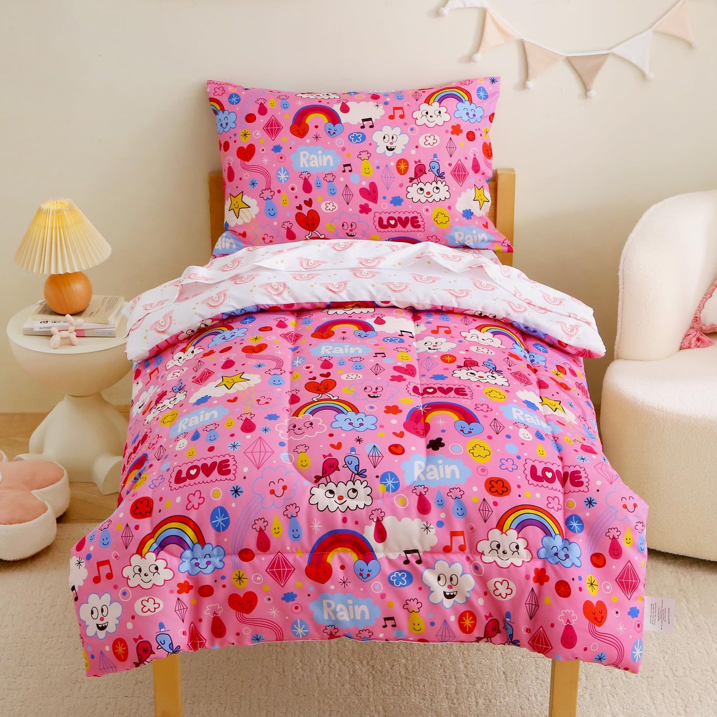 Mooreeke 4 Pieces Toddler Bedding Set - Pink Rainbow Cloud Toddler Comforter Sets for Girls, Includes Comforter, Flat Sheet, Fitted Sheet and Pillowcase, Bed in A Bag for Baby Bedroom
