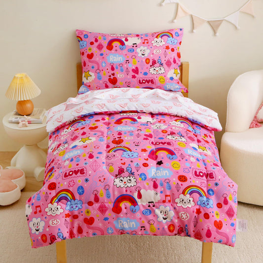 Mooreeke 4 Pieces Toddler Bedding Set - Pink Rainbow Cloud Toddler Comforter Sets for Girls, Includes Comforter, Flat Sheet, Fitted Sheet and Pillowcase, Bed in A Bag for Baby Bedroom