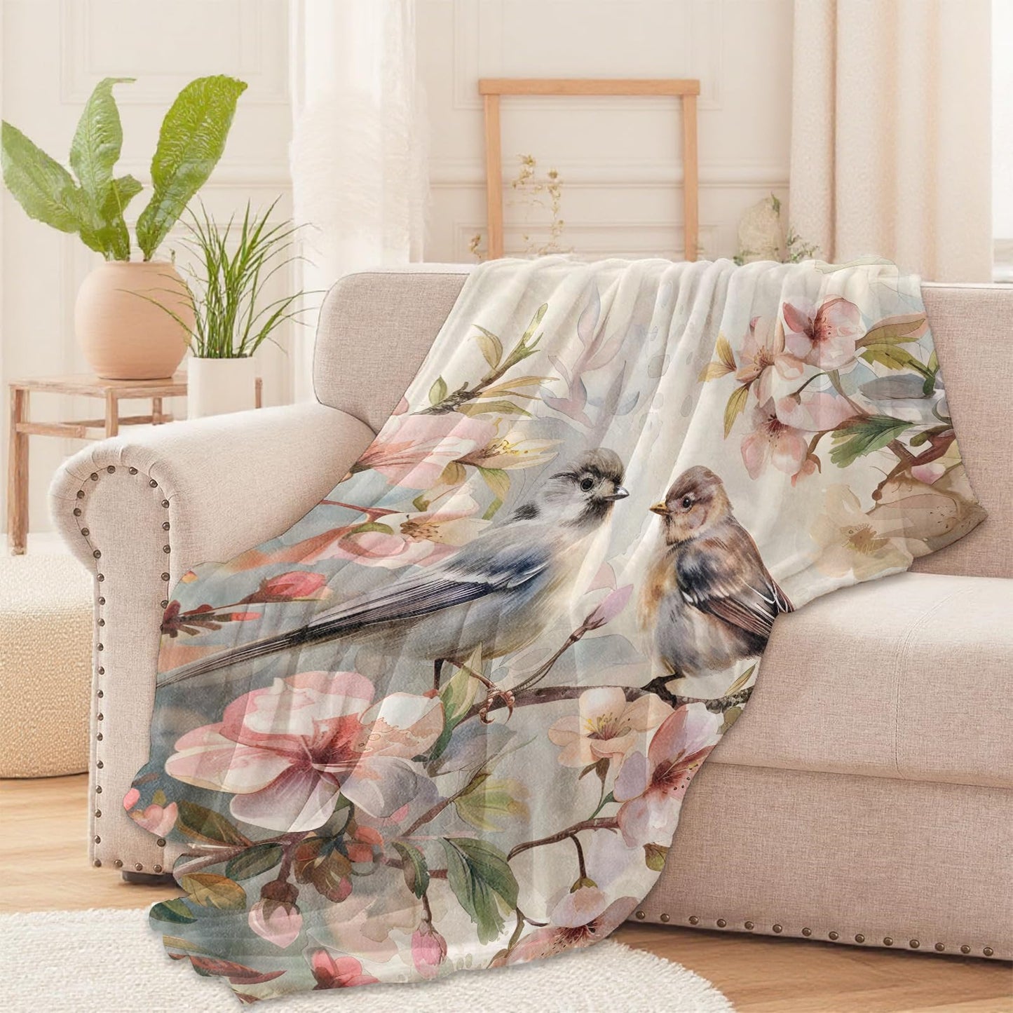 Spring Bluebird Blossom Throw Blanket for Boys Girls Kids Women, Pink Flower Design, Fuzzy Warm Soft Cozy Flannel Blankets Gifts for Bedroom, Couch, Travel, Home Decor 50x60 in