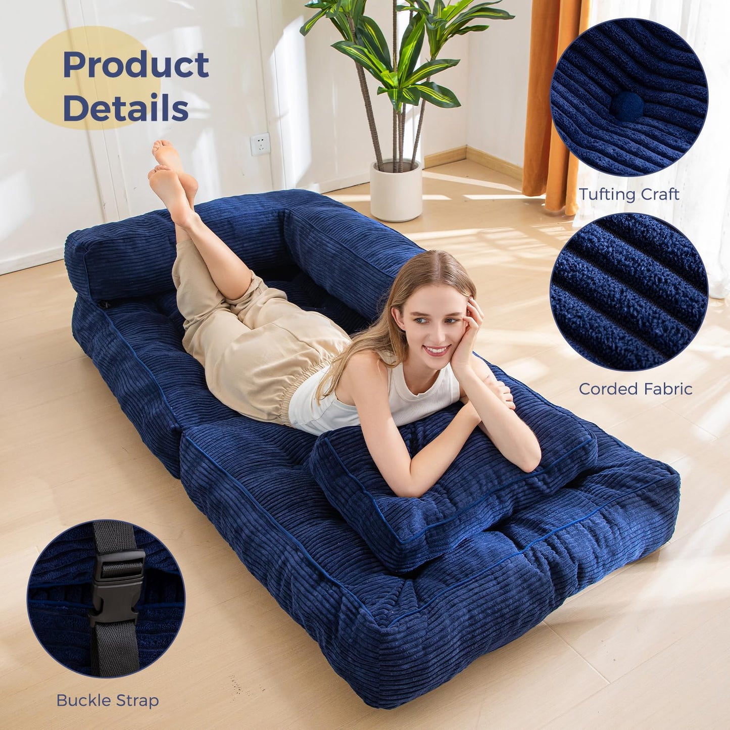 MAXYOYO Folding Sofa Bed, L-Shaped Convertible Sofa Bed with Armrest Foldable Sofa Couch with Pillow, Portable Fold Out Chair Bed Comfy Floor Lounge for Living Room Bedroom, Navy