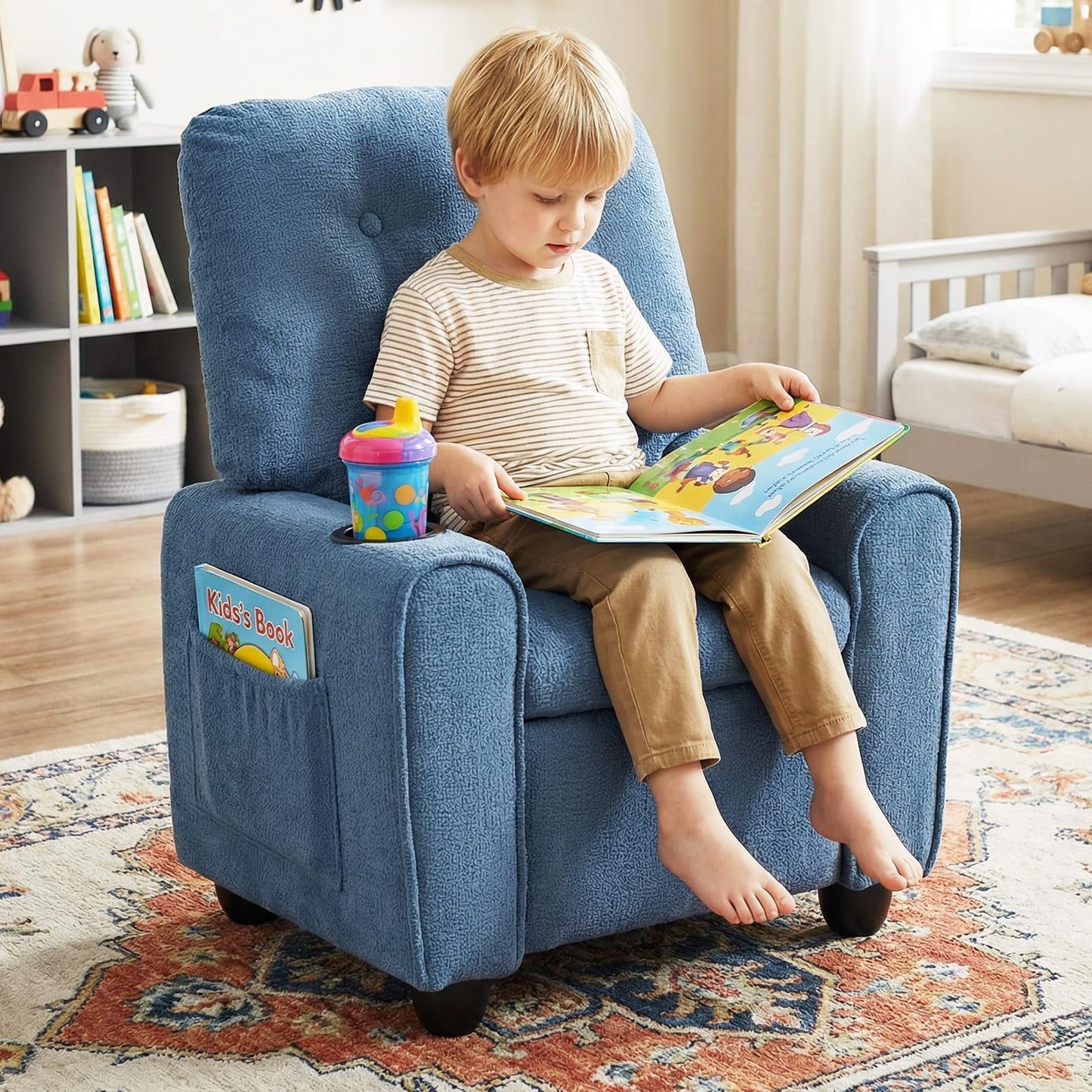 INFANS Kids Recliner, Toddler Lounge Chair with Adjustable Backrest Footrest Cup Holder Side Pockets, Velvet Leather Toddler Couch