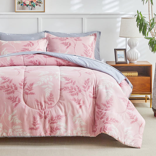 AIKASY Pink Queen Comforter Set with Sheets,Bed in a Bag 7-Pieces,Palm Tree Totem Printing Design,Ultra Soft Down Alternative All Season Bedding Set(Queen, Pink)