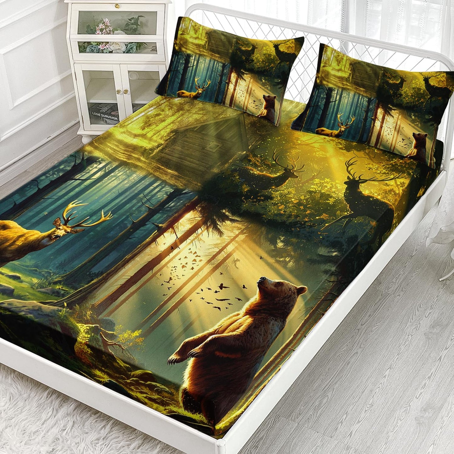 AILONEN Deer Hunting Bedding Set Twin XL Size,Green Fairy Forest Sunshine Deer Bear Fitted Sheet with 2 Pillowcases,Kids Boys Girls Soft Bed Sheet Set 3 Piece