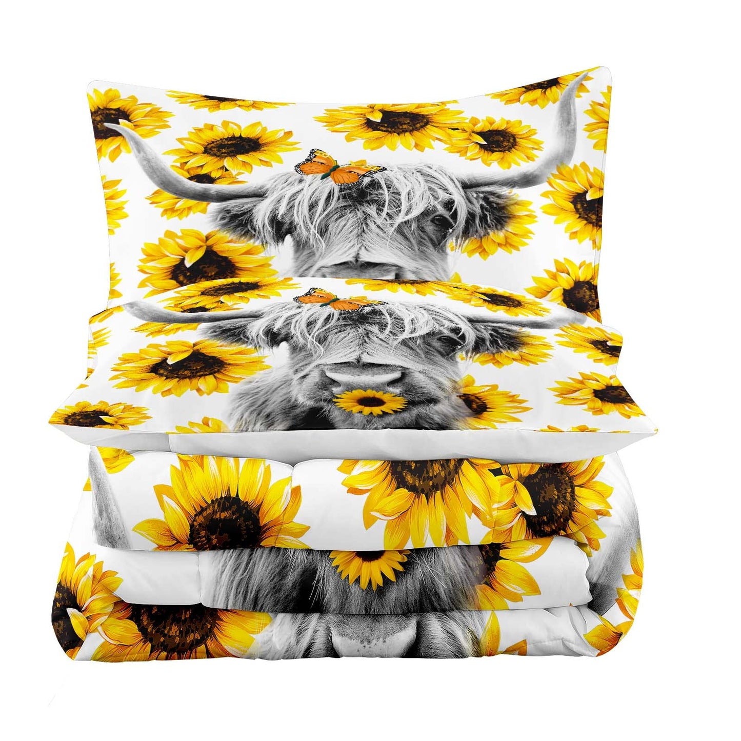 Tailor Shop Highland Cow Bedding Set Full Size ，Farmhouse Sunflower Highland Cattle Wild Animal 3D Print Comforter 3 Pcs Sets,with 1 Comforter 2 Pillowcases……