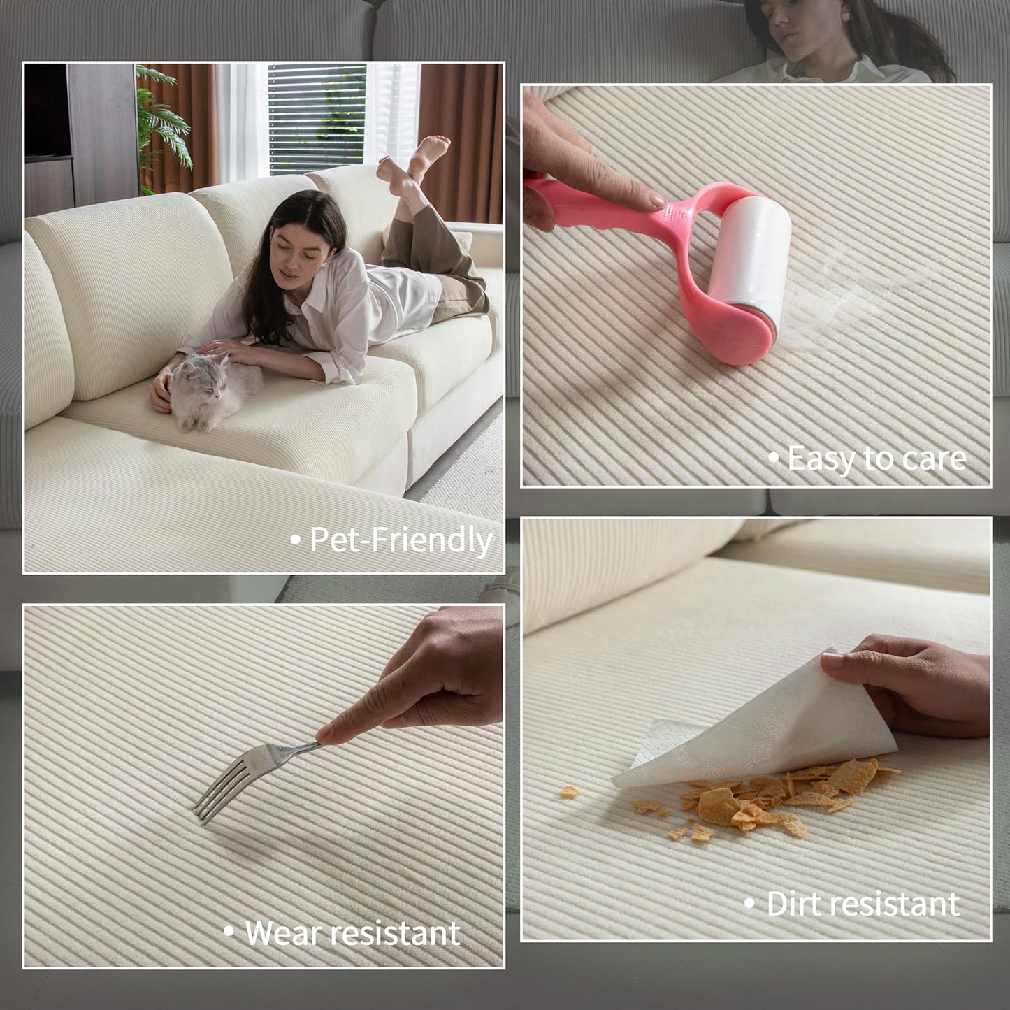 OHSIO Sectional Couch Covers, Wear Resistant Stretch Sofa Covers Washable Soft Couch Cushion Covers Anti Slip Furniture Protector Sofa Slipcovers for Pets(4 Pieces 3 Seaters+1 Chaise, Ivory)