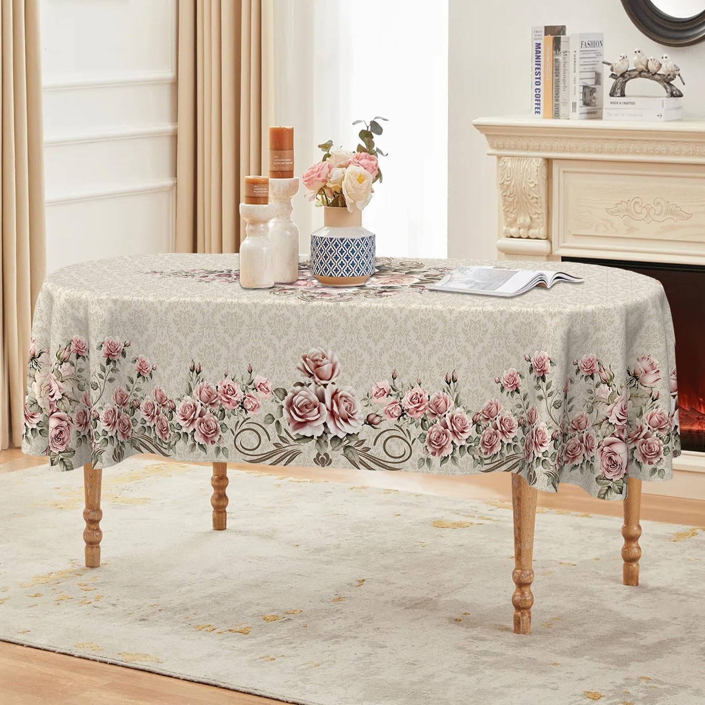 Faptoena Oval Floral Tablecloth 60×84 inch Rose Gold Table Cloth Modern Minimalist Style Decorations for Dining Room Coffee Table Outdoor Picnic