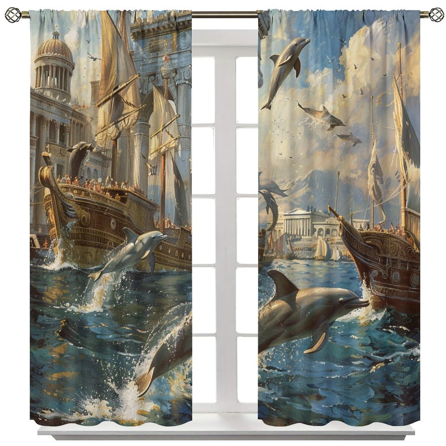 TOWINSFB Medieval Building Dolphin Blackout Curtains for Bedroom Living Room, Nautical Sailboat Seagull Ocean Thermal Insulated Room Darkening Curtain - 42" W x 45" L