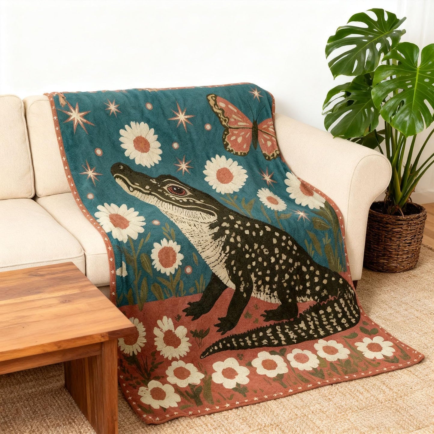 kampdream Retro Print Flannel Blanket Throw, Super Soft Cozy Nap Throws, Crocodile with Daisy and Butterfly Print Blanket for Sofa Travel and Camping, for All Seasons 50"x60" inch Red