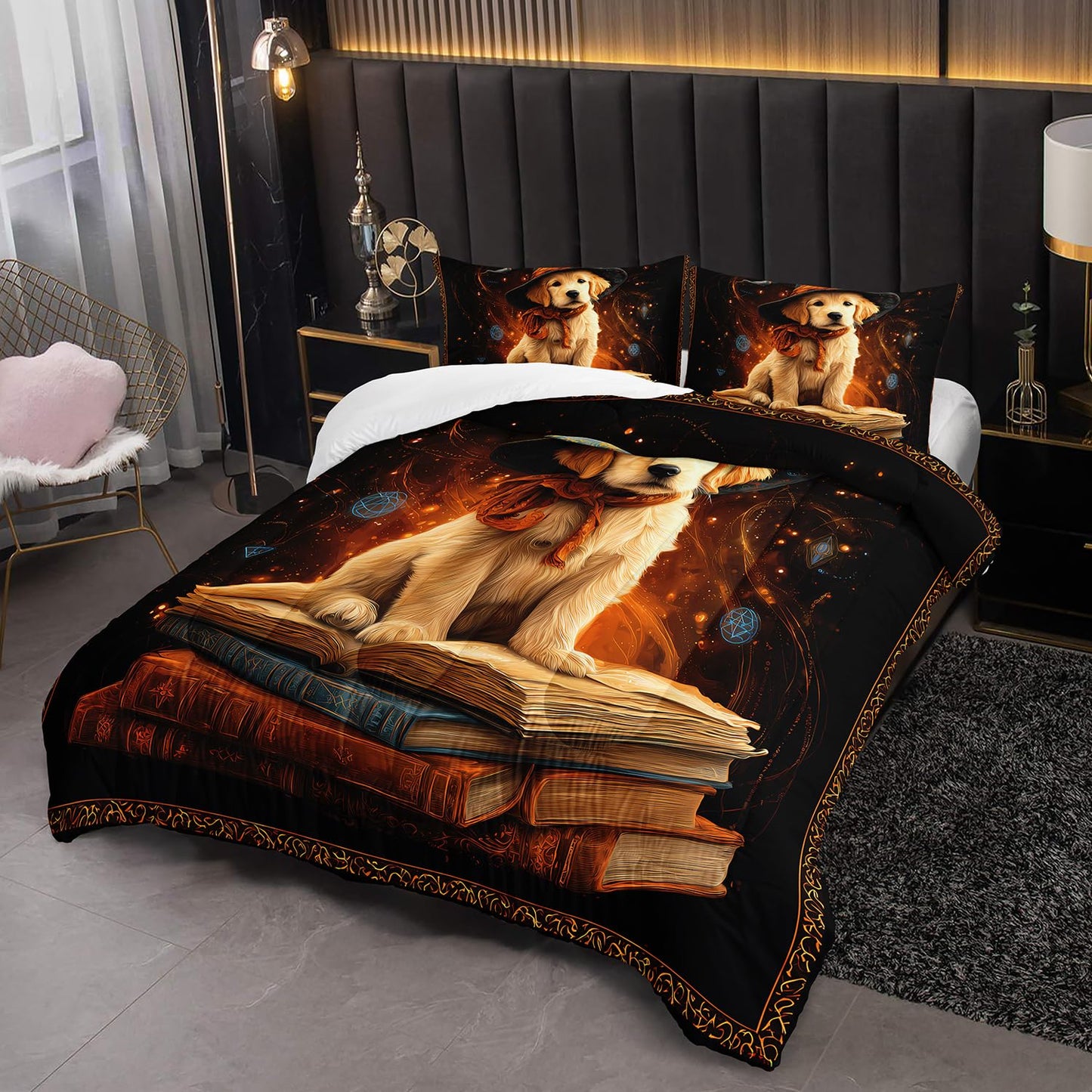 XYNHML Kawaii Retriever Dog Comforter 3Pcs Twin Lovely Wizard Hat Puppy Bedding Set for Kid Teen Girl Boy Teen Adult Wild Animal Mysterious Magic Book Quilt Bed Decor with 1 Comforter & 2 Pillowcases