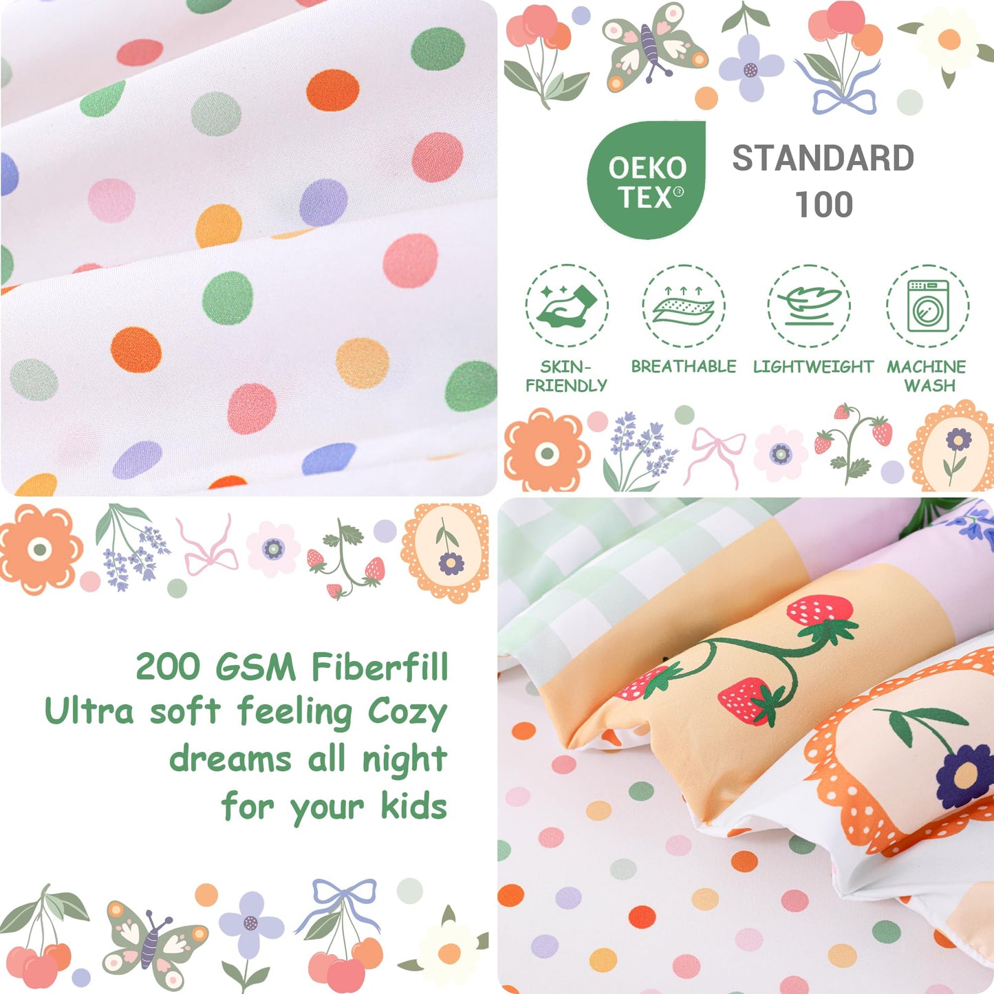 Mooreeke 4 Pieces Toddler Bedding Set - Green Floral Butterfly Toddler Comforter Sets for Girls, Includes Comforter, Flat Sheet, Fitted Sheet and Pillowcase, Bed in A Bag for Baby Bedroom