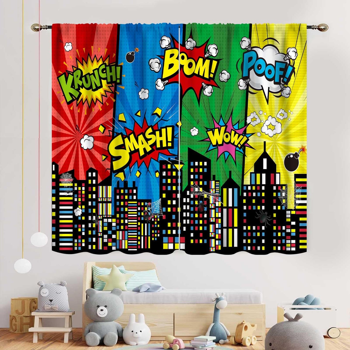 TKUYO Super City Hero Curtain, Comic Style Cityscape Skyline Buildings Cartoon Window Curtains for Boys Kids Teens Baby Room Bedroom Living Nursery 2 Panel Sets, 42"x45" Inch
