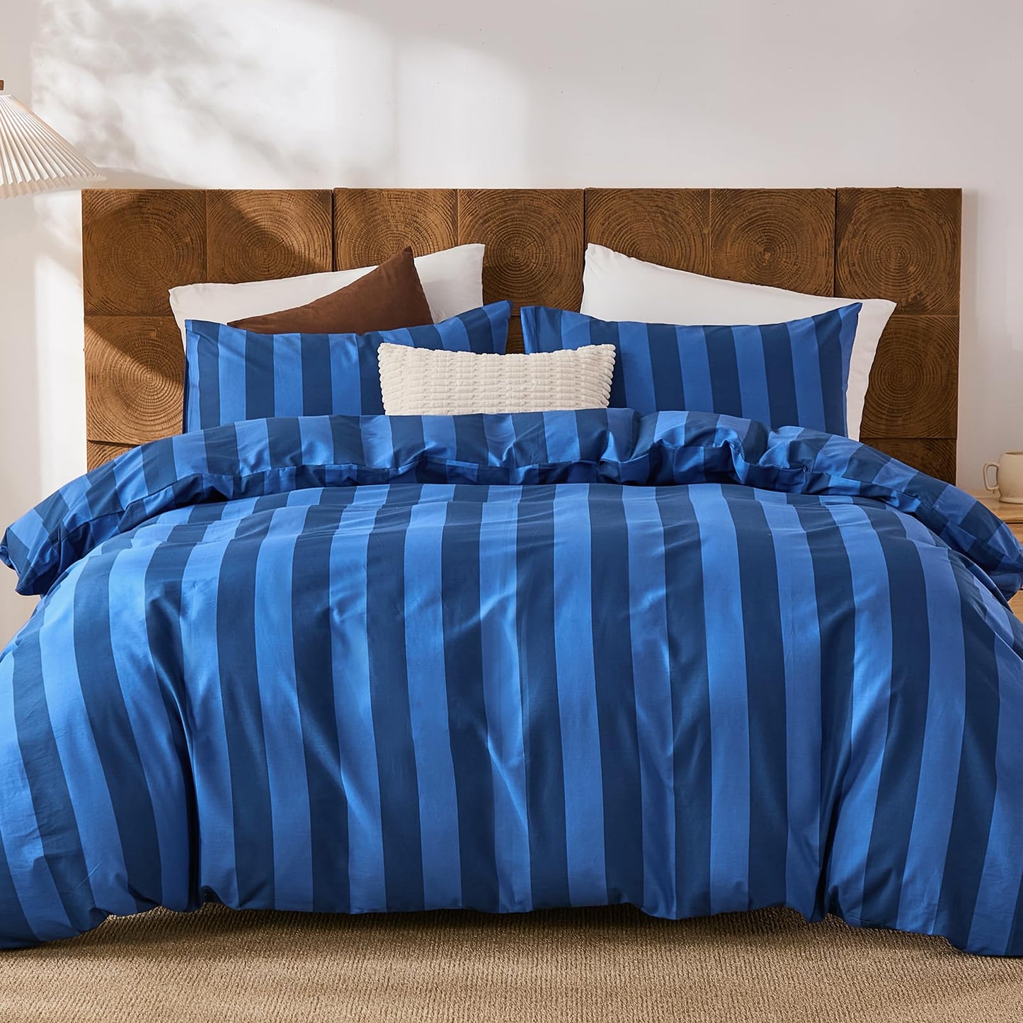 Merryword Blue Striped Comforter Set King Size, 100% Cotton Reversible Comforter Set 3 Pcs, Luxury Linen Like Bedding, Soft Breathable Lightweight Comforter for All Seasons