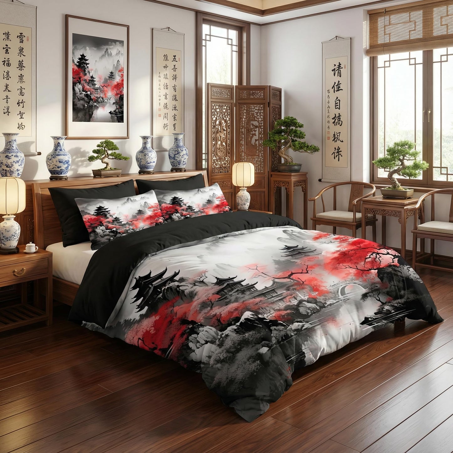 CCoutueChen Asian Chinese Comforter Set Queen Size Japanese Traditional Bedding Set with Watercolor Landscape Painting, 3 Pcs All Season Soft Microfiber Bed Set Black Red