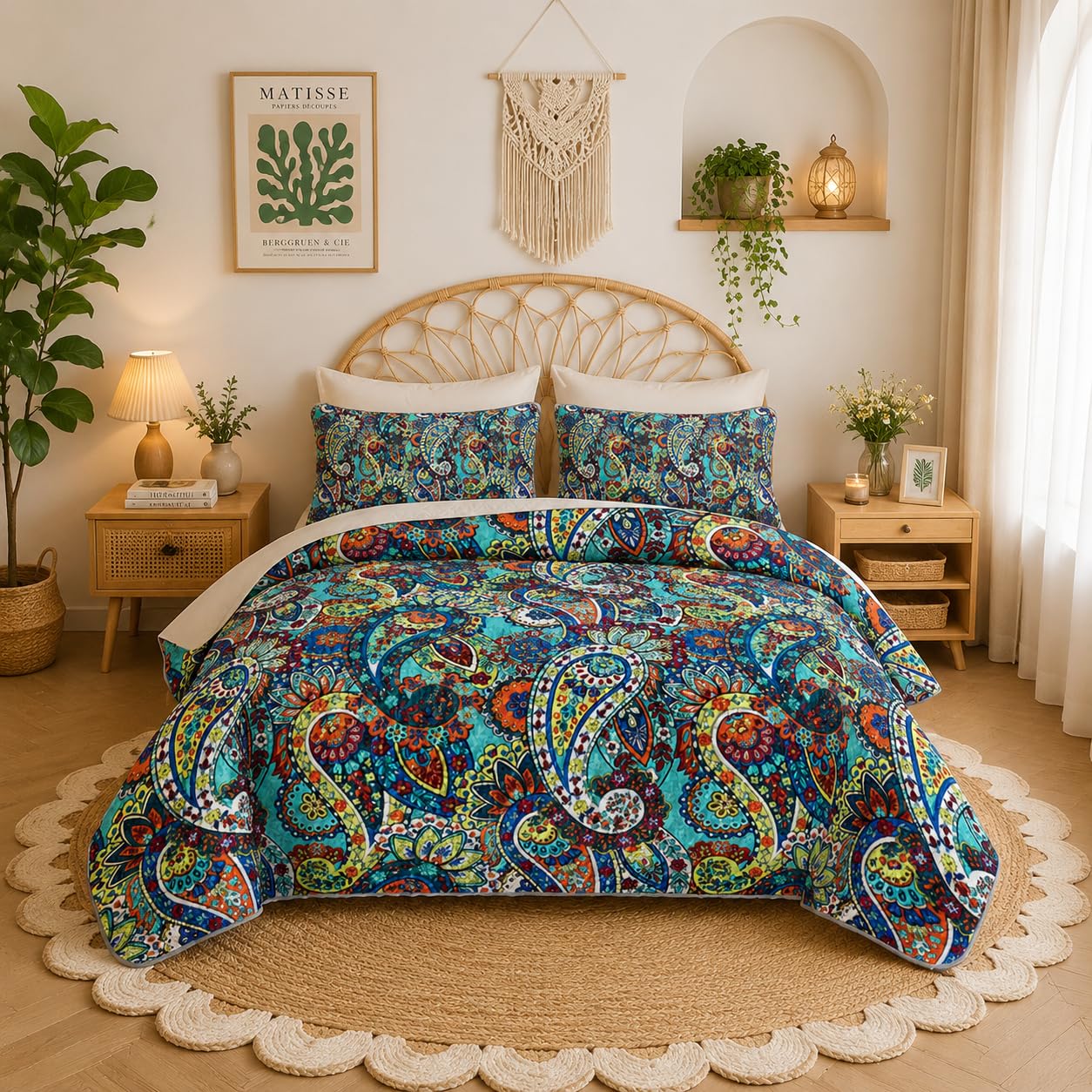 UEVBF Boho Style Queen Quilt Set,Bohemian Floral Quilt Beddding Set for Adults,Soft and Lightweight Bed Set for All Season,Colorful Quilted Beddding with 2 Pillowcases.
