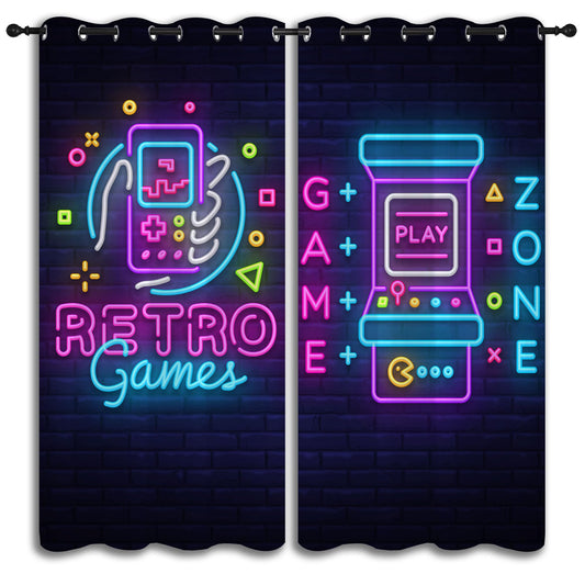 Neon Art Retro Game and Arcade Game Grommet Blackout Curtains for Boy Girl Bedroom,Video Gaming Gamepad and Wall Background Thermal Insulated Home Window Drapes for Living Room Darkening,72x63in