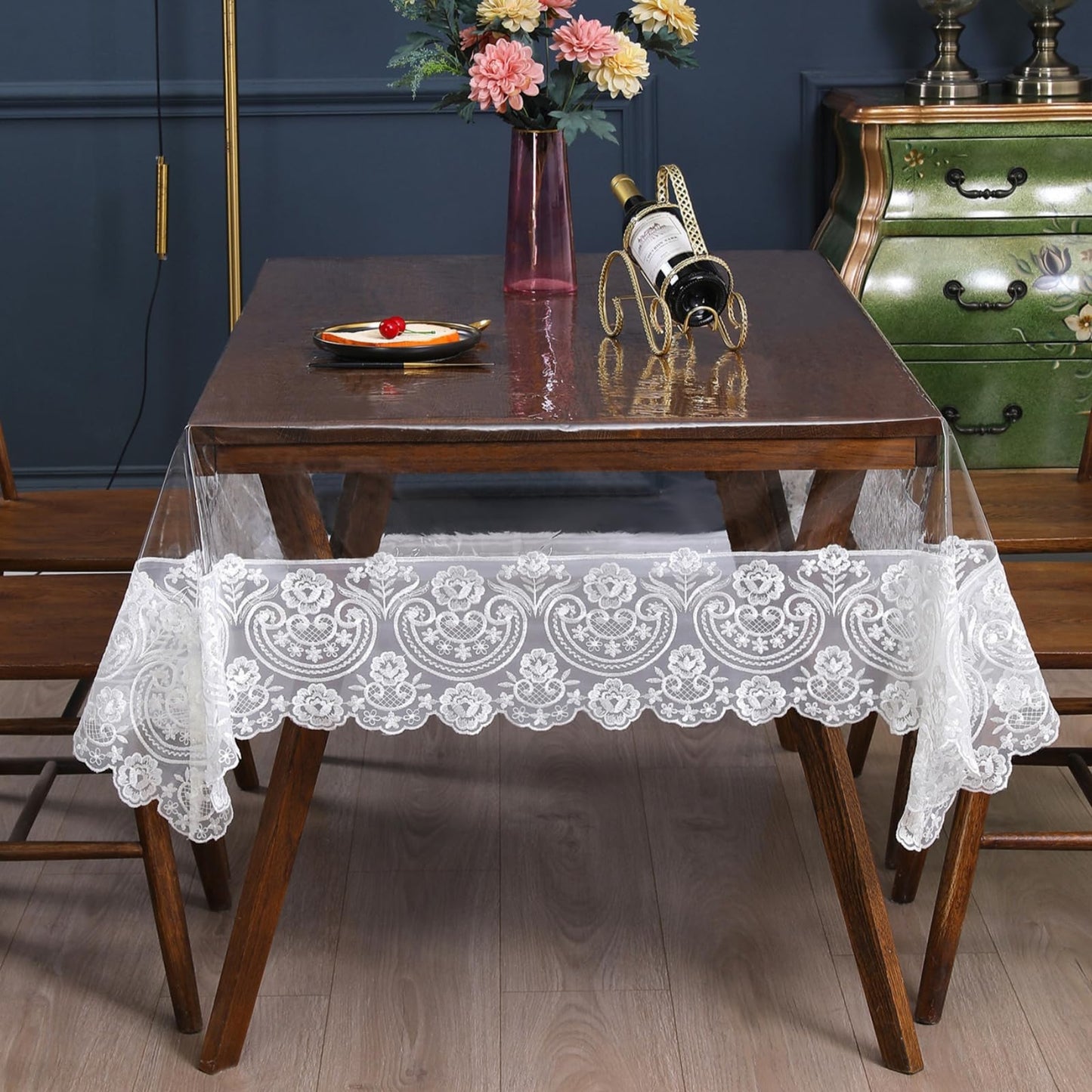 Rakila Clear Plastic Rectangle Tablecloth Vinyl Waterproof Table Cloth Embroidered Lace Edge Transparent Table Cover for Dining Kitchen Outdoor(60 x 106 inch, White)