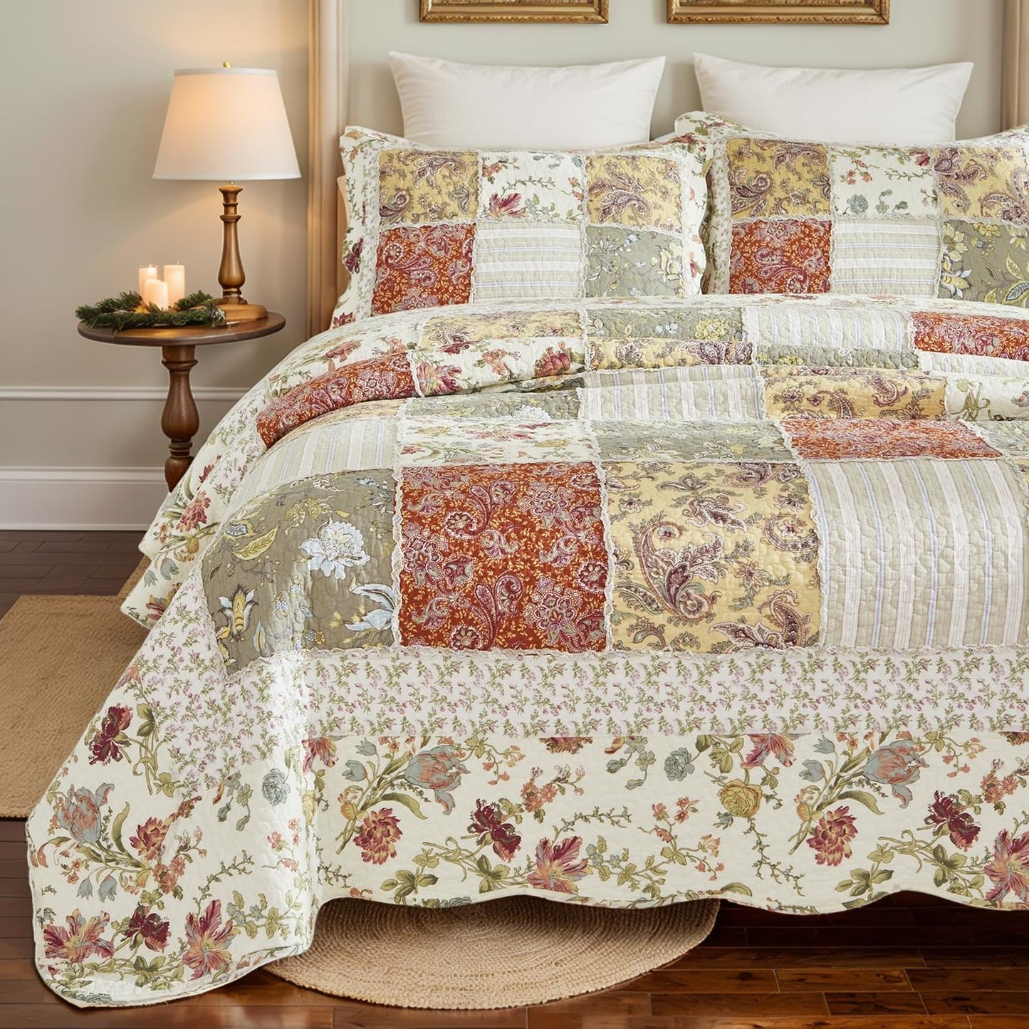 Brandream Queen Size Quilt Set Cotton Farmhouse Patchwork Quilts American Country Quilted Comforter Set 3-Piece
