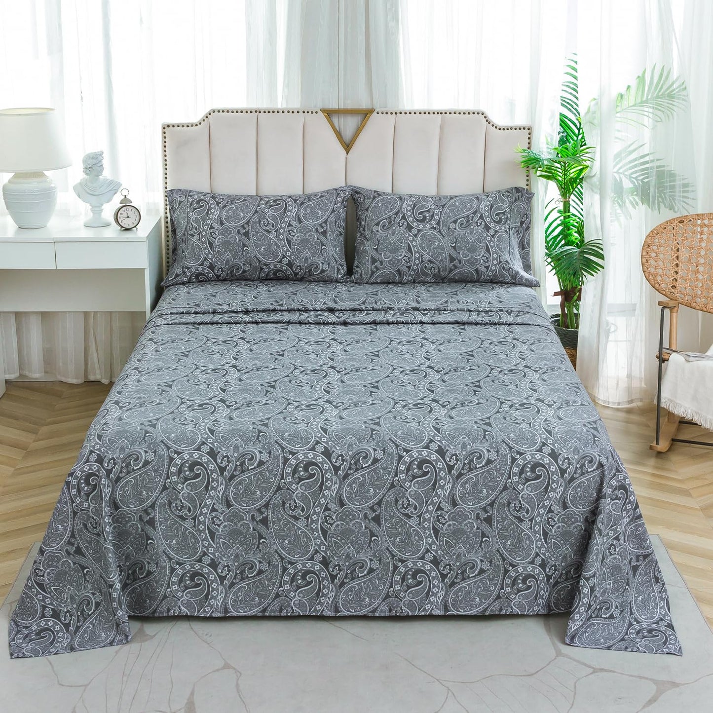 KACEMOO Bed Sheets California King Size Gray Paisley Sheets Printed Floral Sheet Set Flower Pattern Deep Pocket Fitted Bed Sheets Microfiber Soft Breathable 1800 Thread Count Double Bedding
