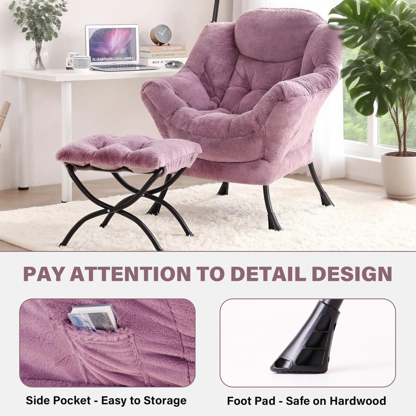 Tiita Lazy Chair with Ottoman, Purple Modern Large Accent Chair, Comfy Leisure Sofa Armchair with Ottoman, Reading Chair with Footrest for Bedroom, Living Room, Dorm Rooms, Plush Purple