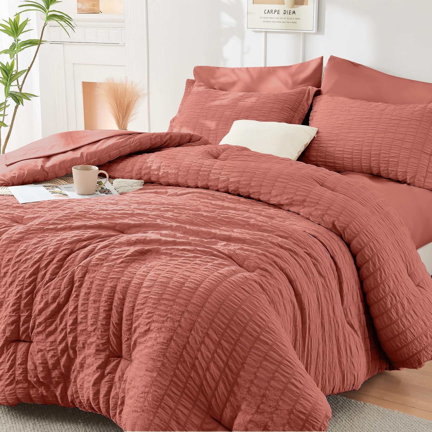 HYMOKEGE Coral Oversized Queen Comforter Set Seersucker 7 Pieces, All Season Luxury Bed in a Bag for Bedroom, Bedding Set with Comforter, Sheets, Pillowcases & Shams