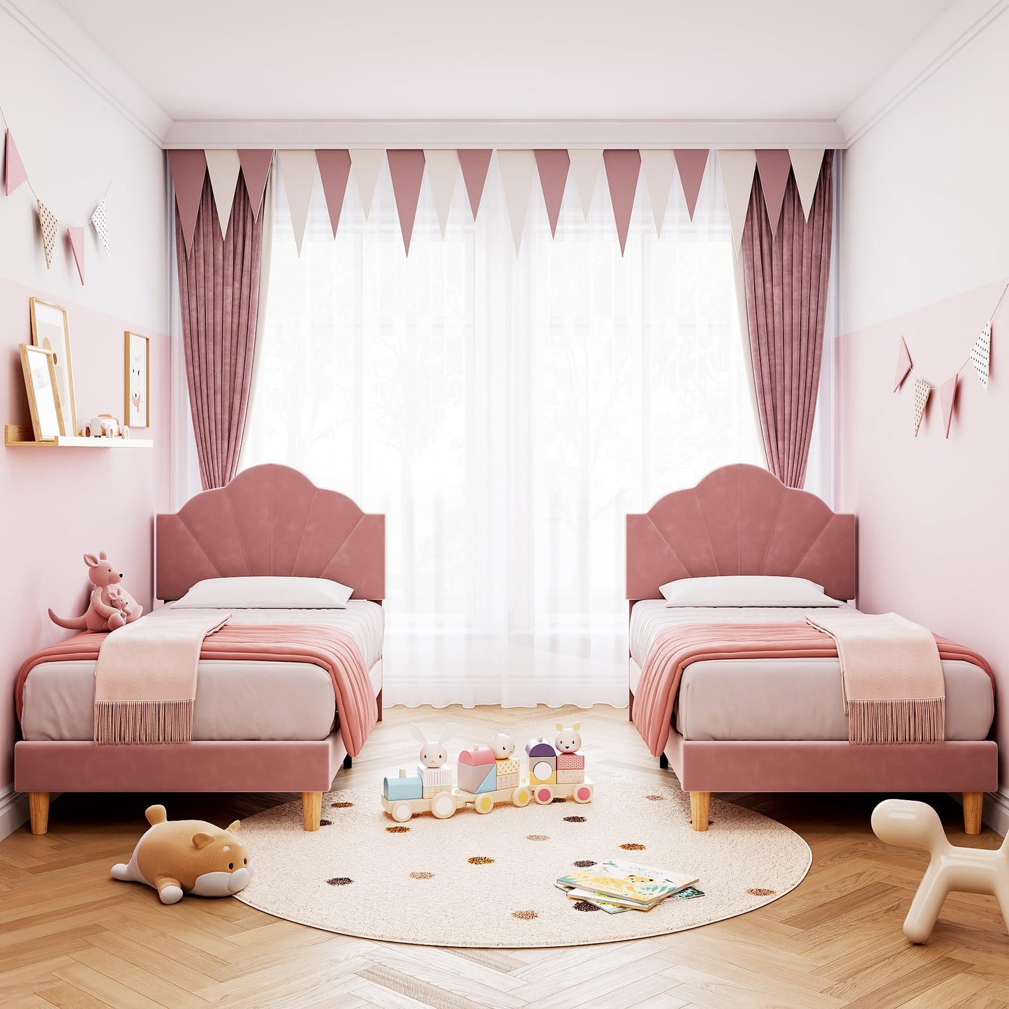 IDEALHOUSE Twin Bed Frame, Velvet Upholstered Platform Bed Frame with Height Adjustable Headboard for Boys & Girls, Wood Slat Support, Easy to Assemble, No Box Spring Needed, Light Pink