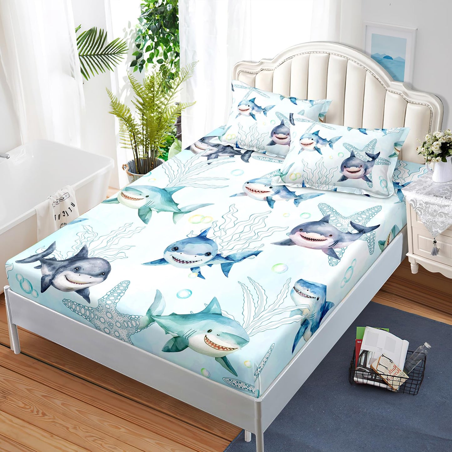 AILONEN Twin Bed Linen Set, Shark Pattern, Blue, 3 Piece Set (1 Fitted Sheet, 2 Pillowcases)