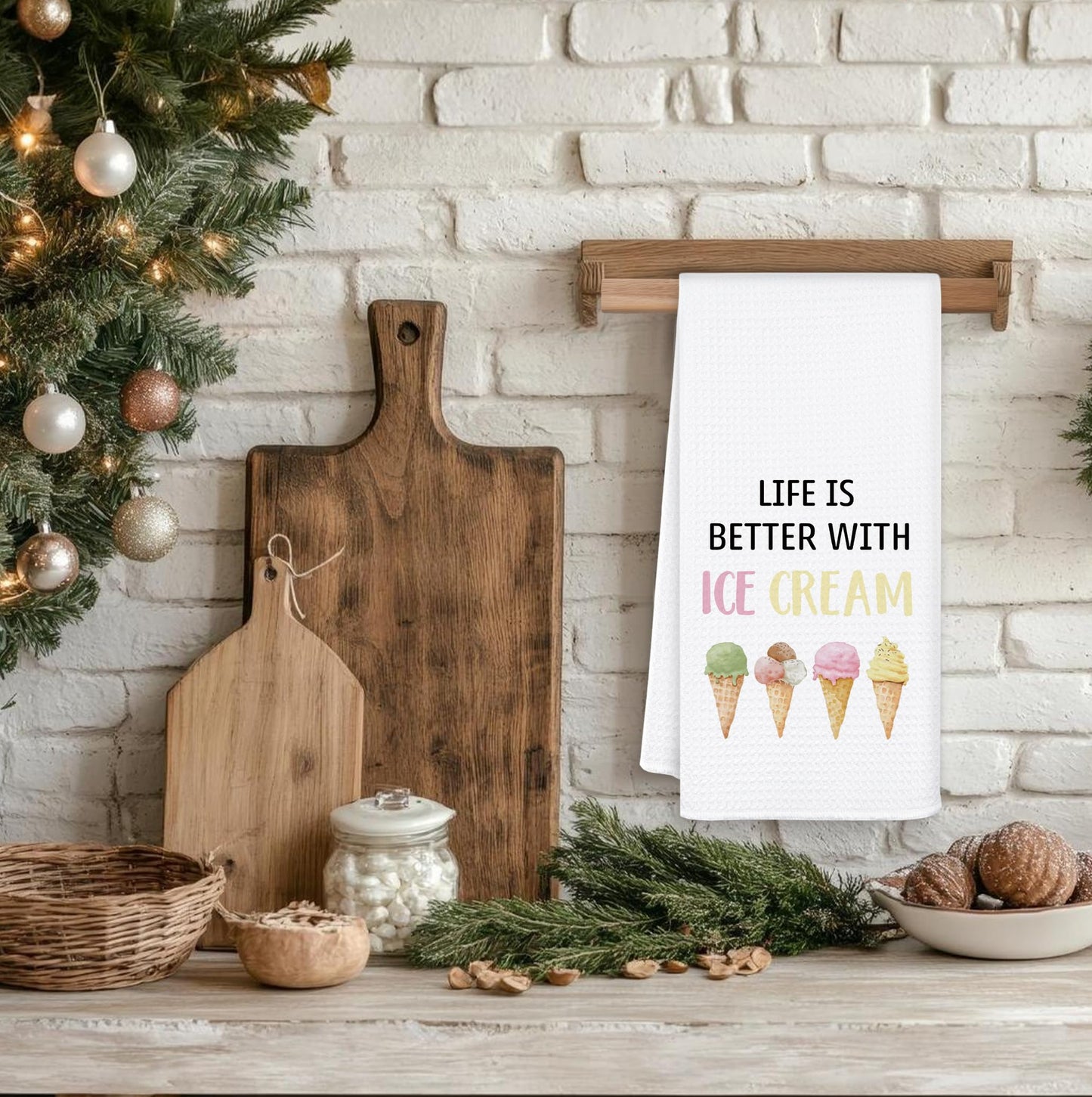 OSLYSOF Summer Ice-Cream Kitchen Towels, Ice Creams Lovers Gifts Dish Tea Towels for Kitchen Decor, Life is Better with Ice Cream Decorative Hand Towels for Bathroom, 16x24 Inch