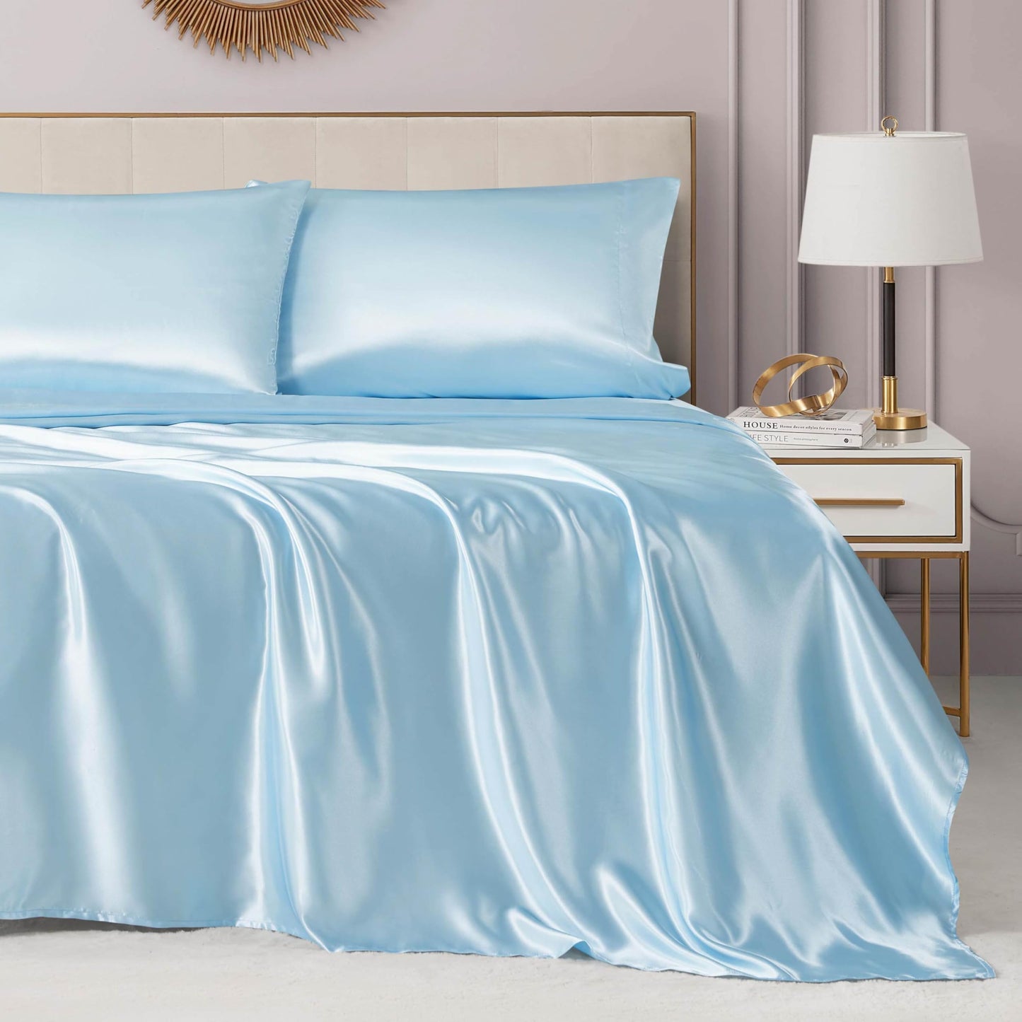Juicy Couture Full Size Silky Satin Bed Sheet Set, Deep Pocket Satin Full Sheet Set with 1 Fitted Sheet, 1 Flat Sheet and 2 Pillowcases, Wrinkle Resistant & Anti Pilling Bed Sheets - Light Blue