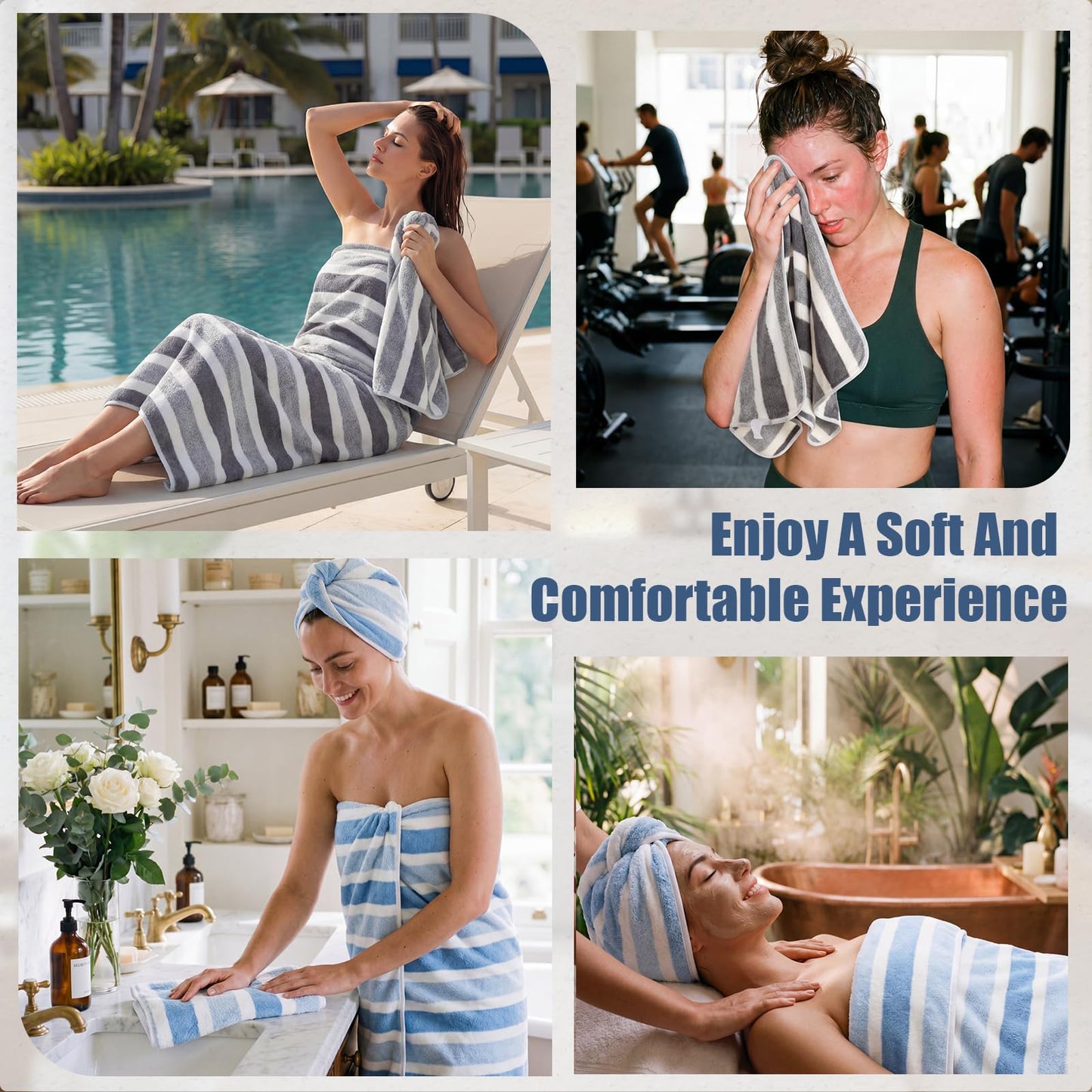 Newwiee 12 Pcs Stripe Bath Towel Microfiber Bathroom Sheet Set Included 4 Highly Absorbent Soft Quick Dry Shower Bath Towels 4 Hand Towel 4 Washcloths for Hotel Gym Spa (Gray,Blue)
