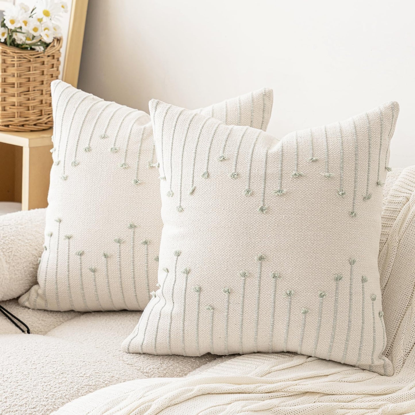 LILEPOY Boho Throw Pillow Covers 18x18 Set of 2 Neutral Decorative Textured Cushion Case Farmhouse Pillowcase Modern Square Pillow Covers for Sofa,Couch, Living Room,Beige and Green