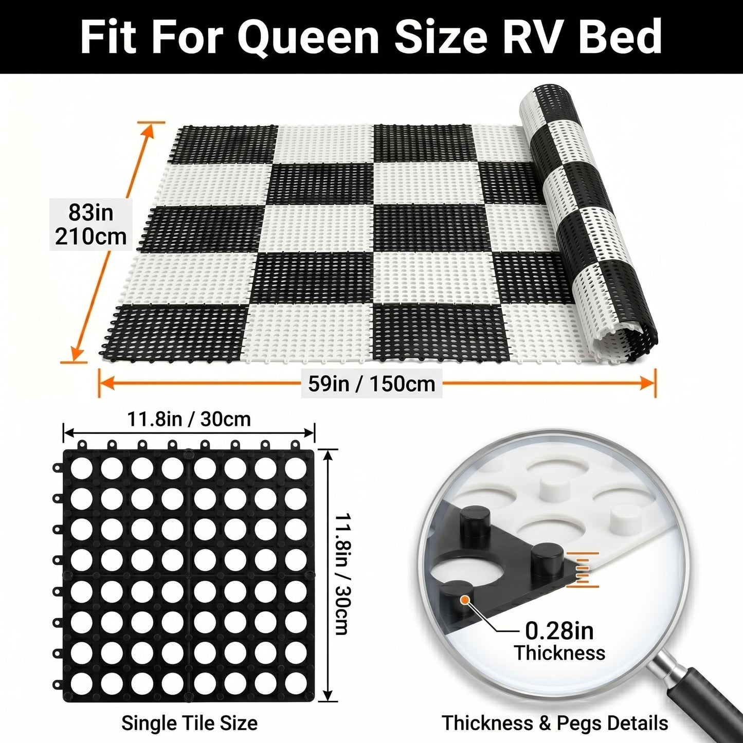 83" L x 59" Inch Plastic Ventilated Mattress Underlay Pad for RV Boat Camper Interlocking Modular Design, Breathable Mesh RV Under Mattress Ventilation Air-Flow (Black+White)
