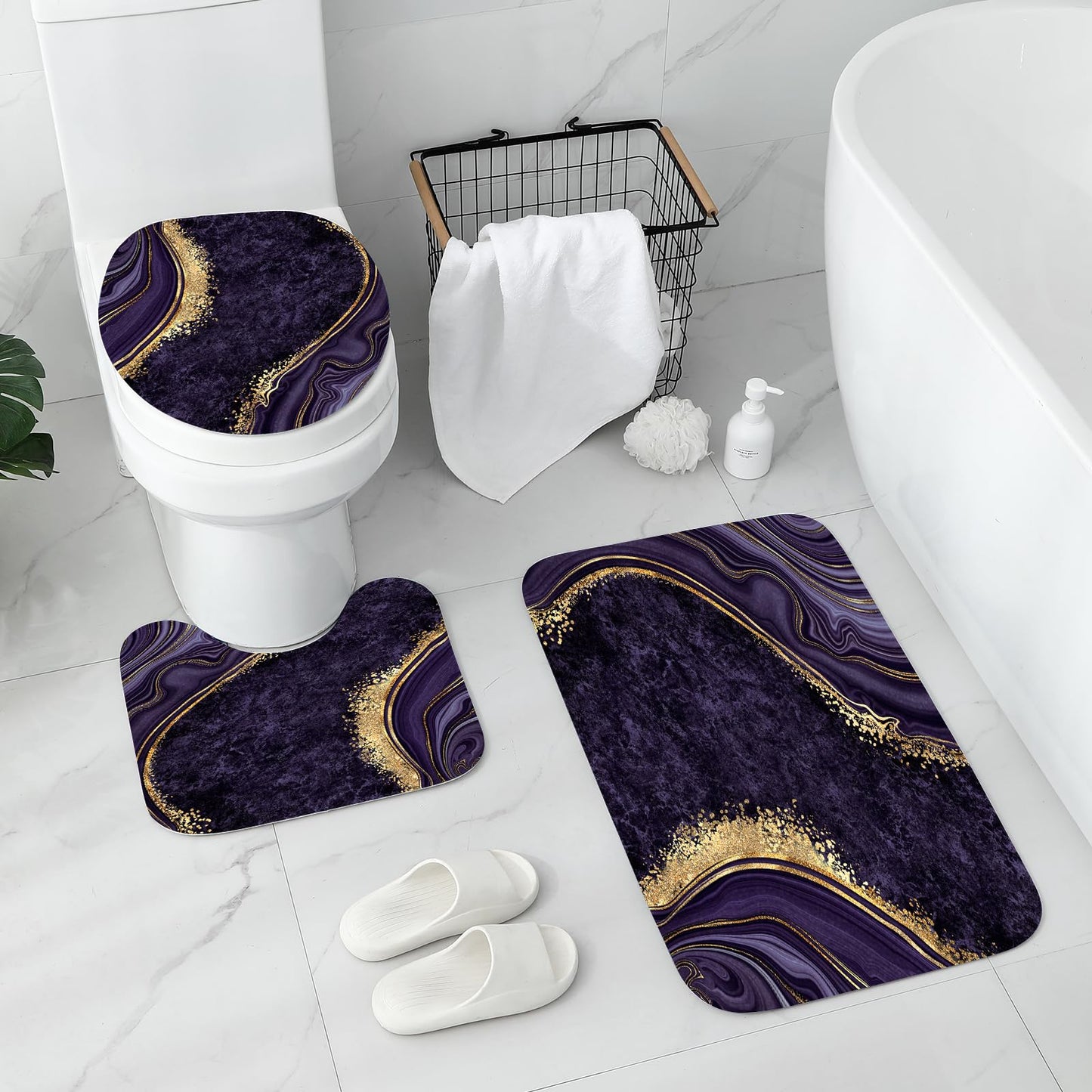 Gibelle 4 Pcs Luxury Marble Shower Curtain Set with Non-Slip Rugs, Toilet Lid Cover and Bath Mat, Gold Foil Purple Bathroom Decor Set with Shower Curtain and Rugs and Accessories