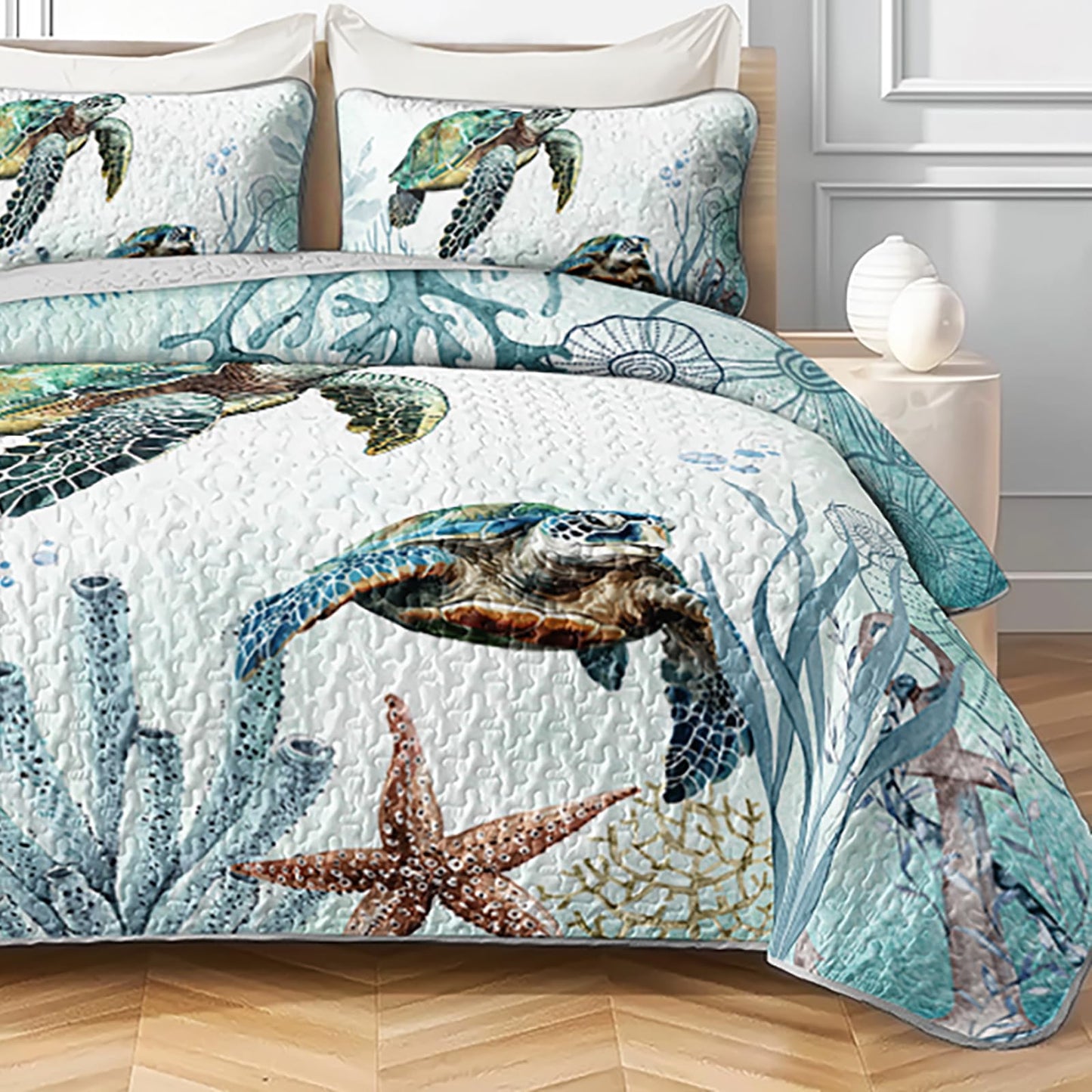 AILONEN Sea Turtle Bedding Quilt Set King Size,Teal Blue Ocean Beach Coastal Bedspread Coverlet,3 Pieces Soft Lightweight Quilt & 2 Pillowcases
