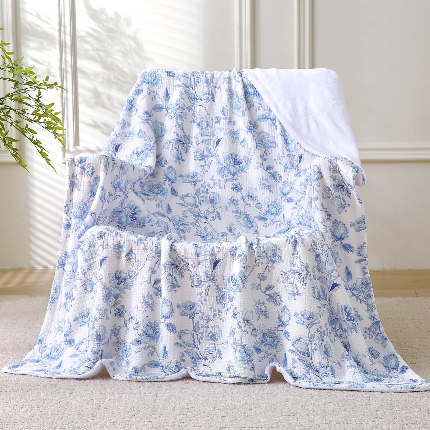 Muslin Blankets for Adults Reversible Throw Fleece & Gauze, Soft Cozy Lightweight Breathable Blue Floral Blanket for Bed Couch, Double Layer Muslin Throw Cover 90"x90"