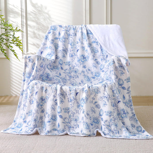 Muslin Blankets for Adults Reversible Throw Fleece & Gauze, Soft Cozy Lightweight Breathable Blue Floral Blanket for Bed Couch, Double Layer Muslin Throw Cover 90"x90"
