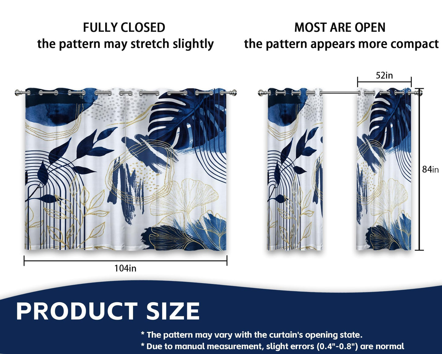 soeeao Boho Navy Blue Leaf Blackout Curtains, Bohemian Mid Century Modern Dark Blue and White Palm Window Drapes for Bedroom Living Room, 84 inch Length 2 Panels Set, 52x84 inch