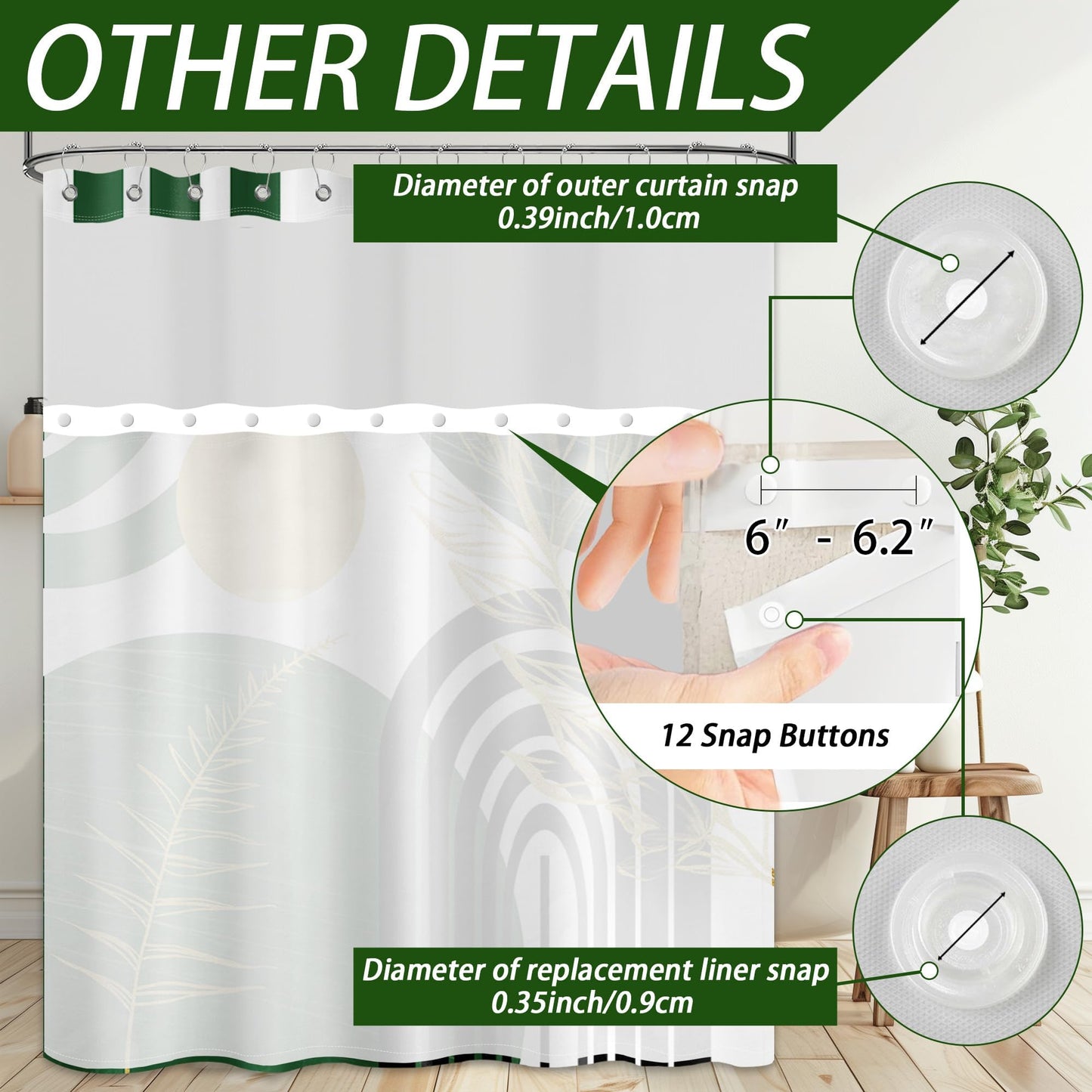 Bxpaitx Olive Green Bohemian See Through Mesh Top Shower Curtain with Window, Emerald Green Mid Century Modern Double Layer Shower Curtains with Snap in Liner, Waterproof Fabric with Hooks, 71x 72 in