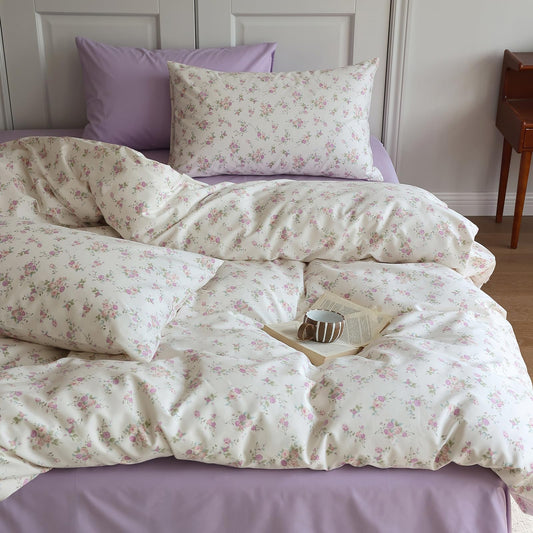 LifeTB Vintage Garden Floral Comforter Set Queen Cute Pink Floral Bedding Comforter for Queen Bed Reversible Botanical Flowers Comforter with 2 Pillowcases Girls Cottagecore Bedding Comforter Set