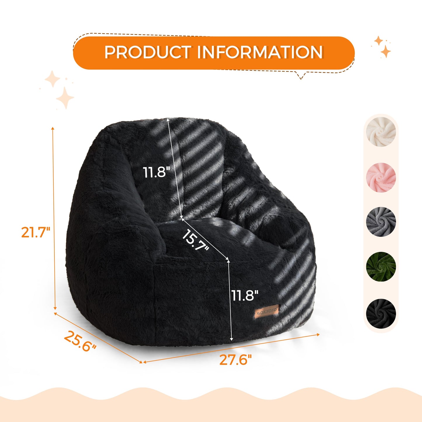 MAXYOYO Kids Bean Bag Chair, Comfy Bean Bag Sofa with Back Support, Faux Fur Cute Chair for Boys and Girls, Stuffed Floor Sofa for Nursery, Bedroom, Black