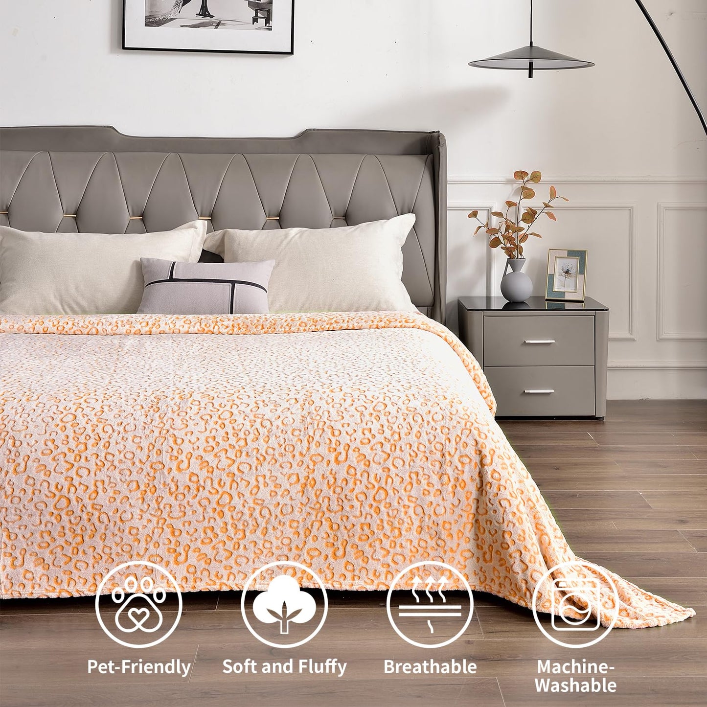 PLEASANT BOULEVARD | Leopard Throw Blanket Fleece, Premium Lightweight Cozy Warm Plush Microfiber Bedspread for Couch Sofa and Bed (Orange, Throw (50 x 60 inches))