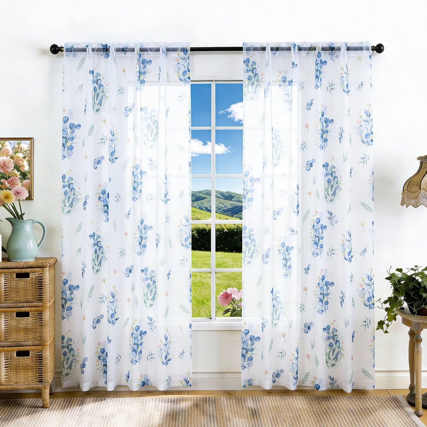 youleyar Floral Sheer Curtains for Living Room 84 Inches Long 2 Panels White Semi-Sheer Curtain with Blue Floral Printed Pattern Summer/Spring Rod Pocket Voile Drapes for Bedroom, 52" W x 84" L