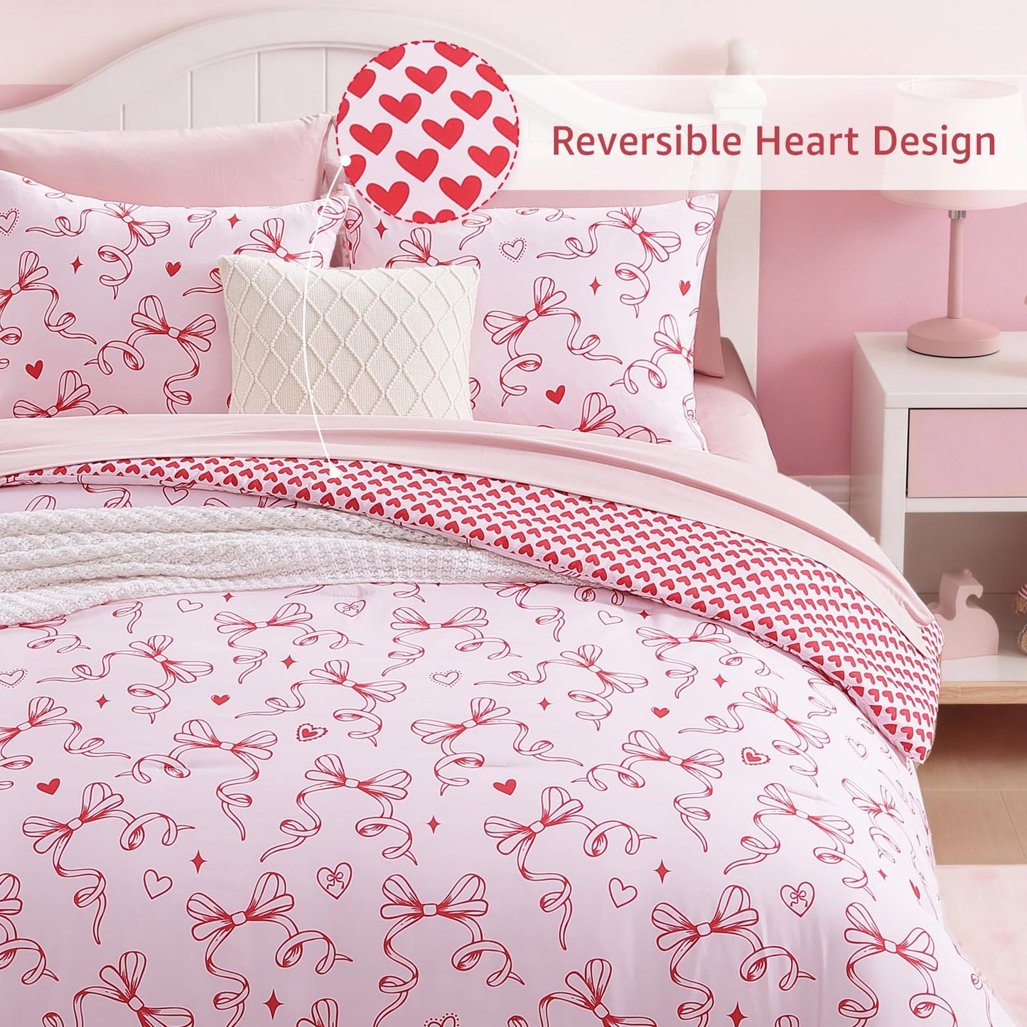 AMBERSPACE Twin XL Comforter Set for Girls, Red Bow Bedding Set Reversible with Cute Heart, All Season Kids Dorm Bed in a Bag 5 Pieces with Sheets, Pillowcase & Sham