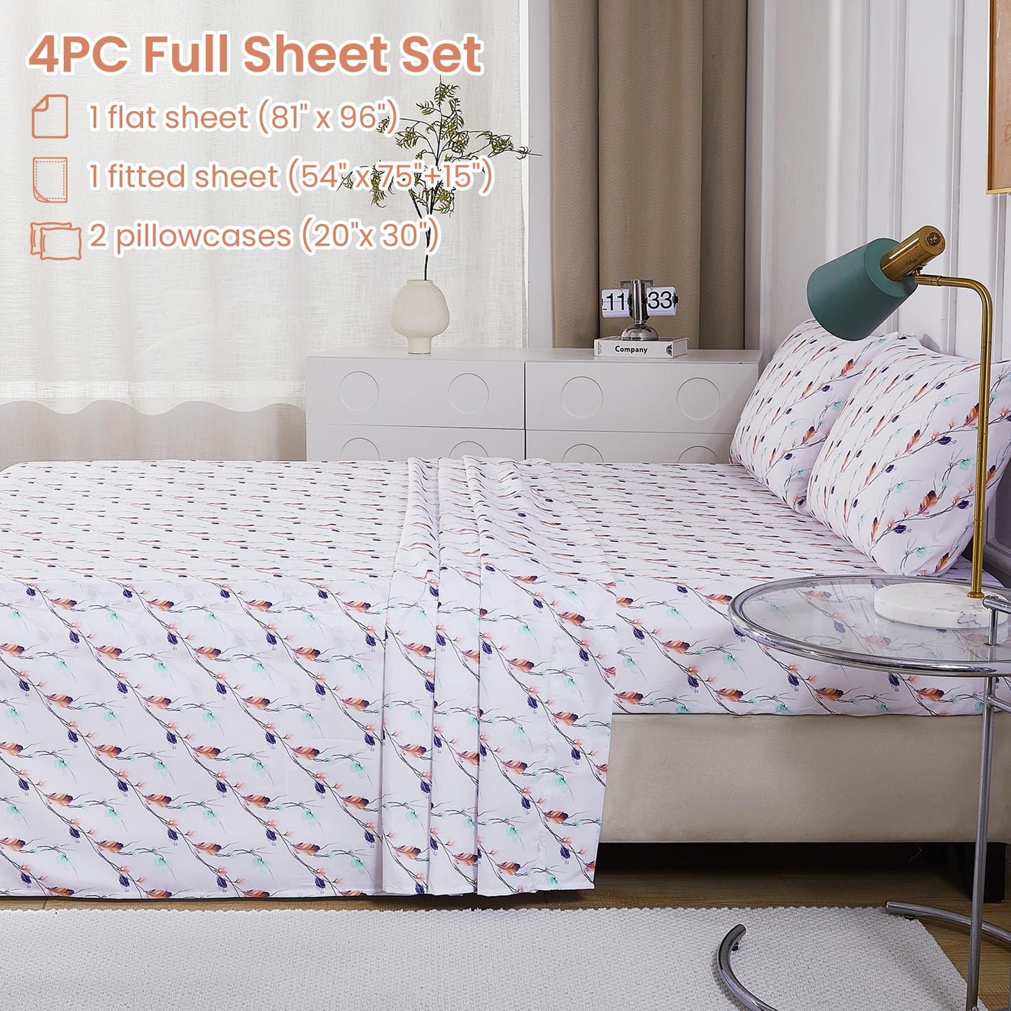 Softan Floral Full Sheet Set, Cozy Microfiber Pastel Blooms Printed Fitted Bed Sheet with 15" Deep Pockets & Non-Slip Straps, Feather Patterned Sheets & Pillowcase Set